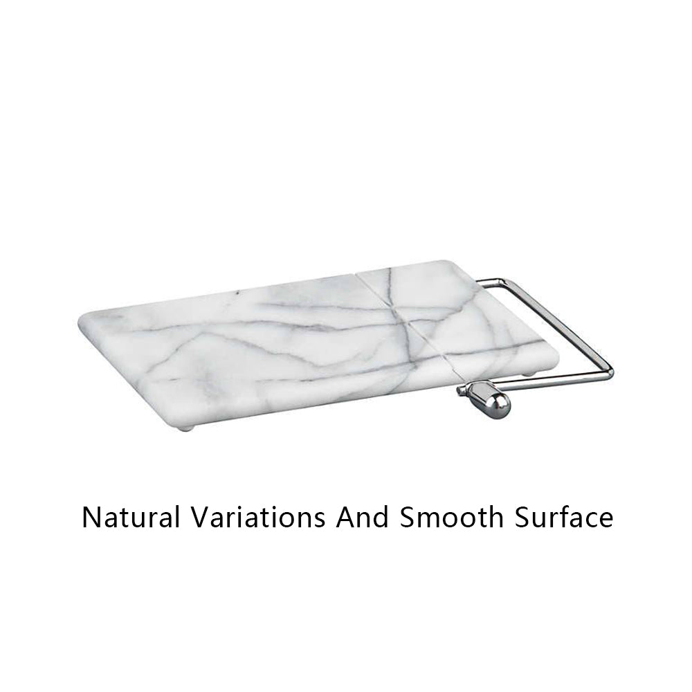 White Marble Cheese Board with Stainless Steel Slicer - Unique Grey Veining and Grooved Design for Dining Room and Kitchen Elegance