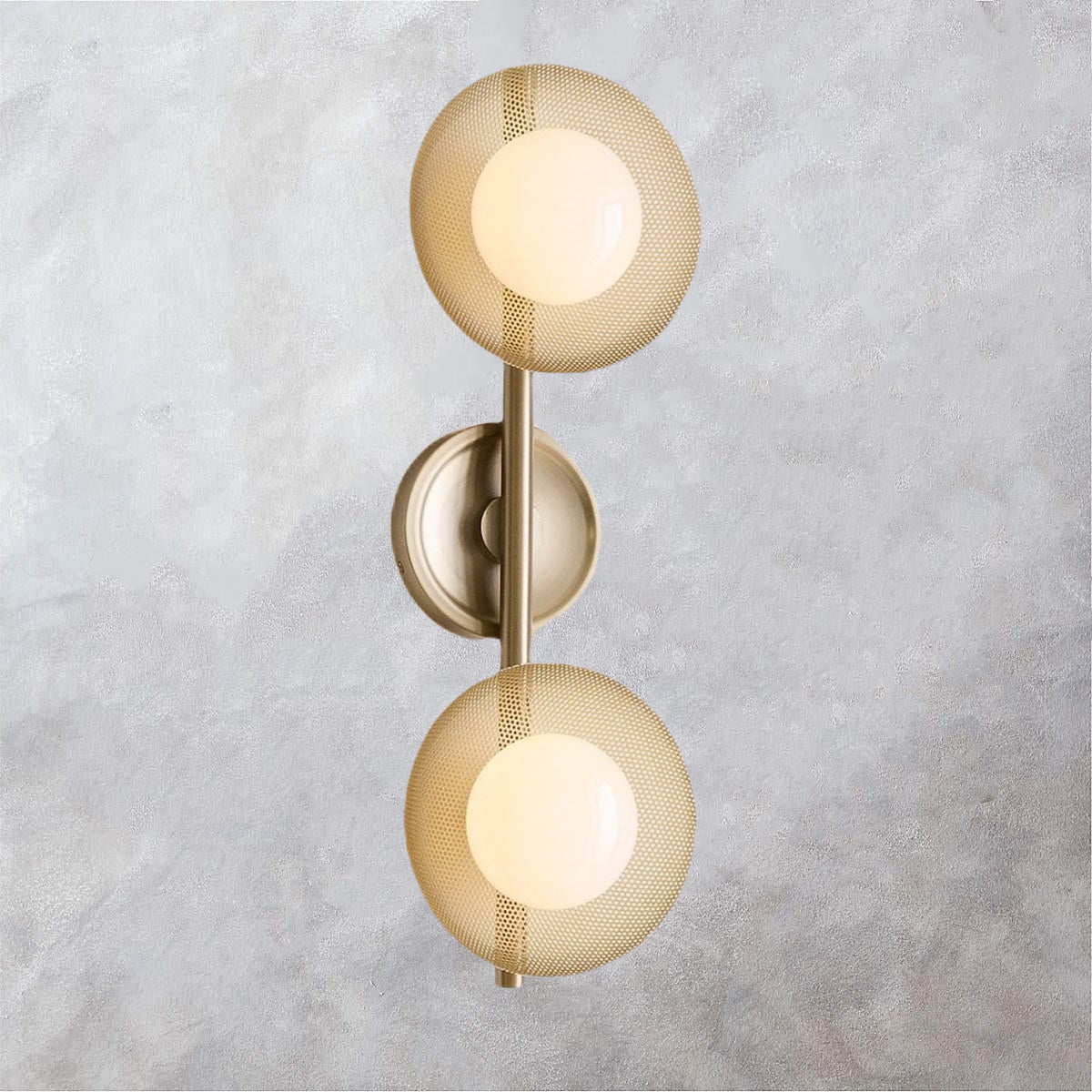 Textured Disc Double Sconce with Perforated Metal Shades and Salt-Blasted Glass Contract Grade Damp Rated, Ideal for Bedrooms, Bathrooms, and Living Rooms