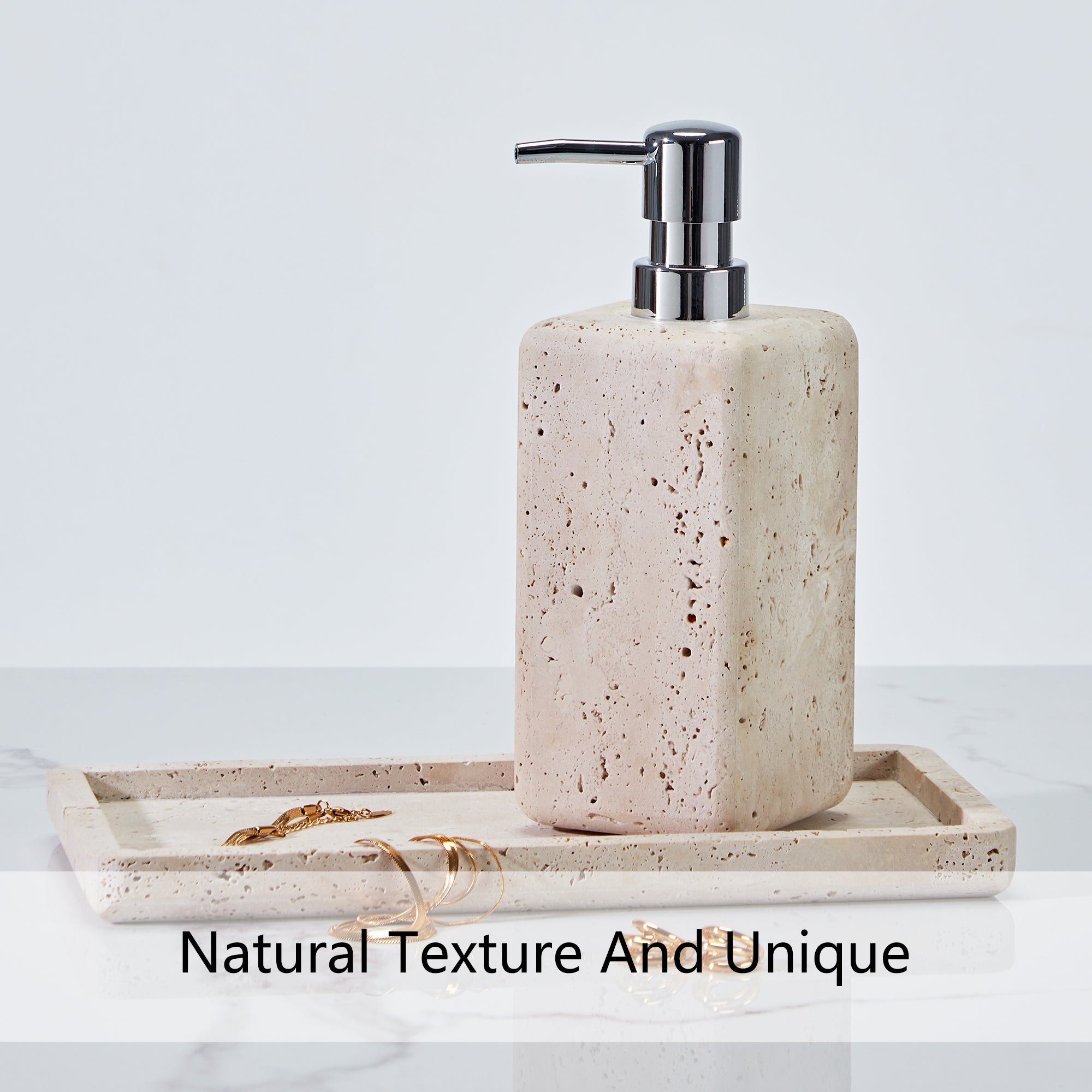 Nature's Touch Travertine Bath Accessories with Organic Edge and Unique Variations for Rustic Bathroom Decor