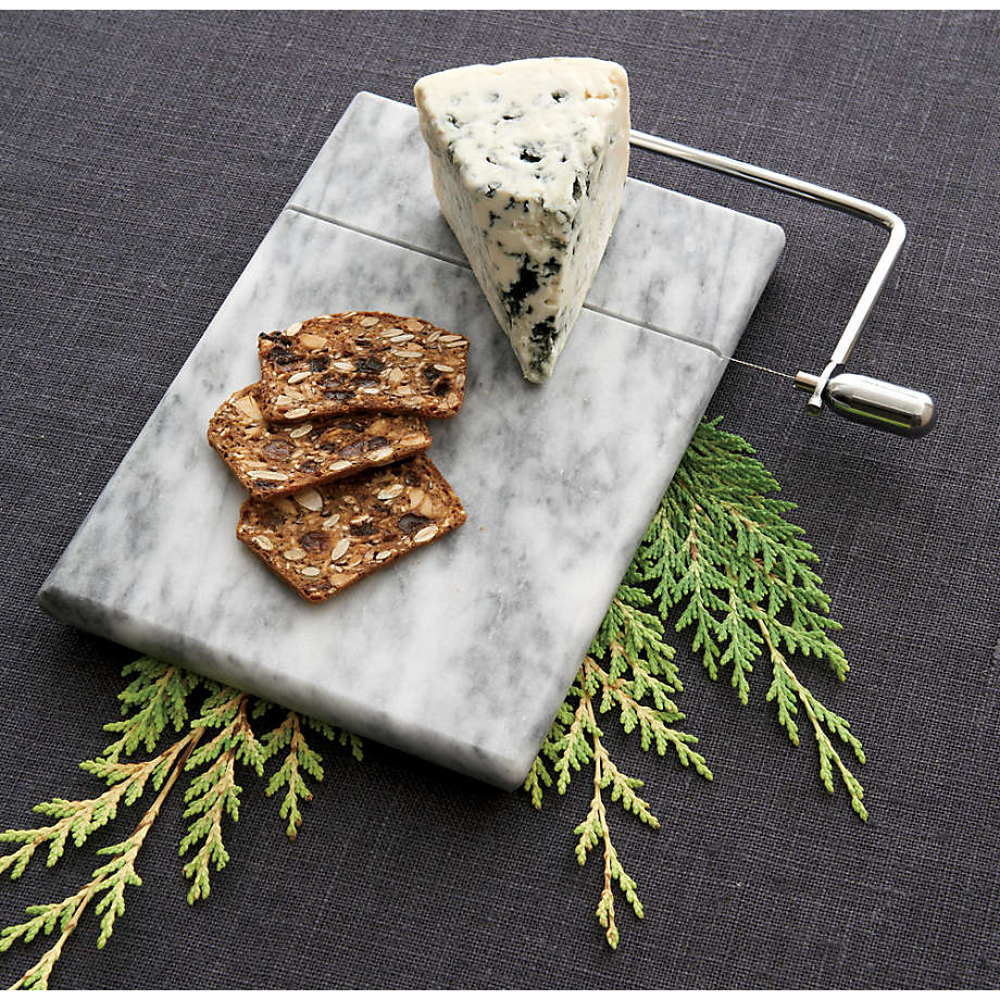 White Marble Cheese Board with Stainless Steel Slicer - Unique Grey Veining and Grooved Design for Dining Room and Kitchen Elegance