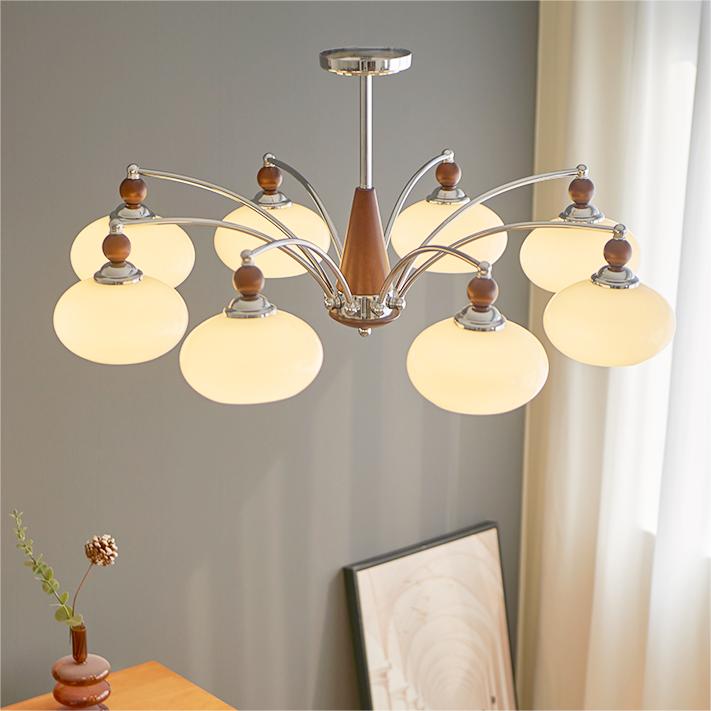 French Vintage Mid Century 5-Arm Opaline Glass Chandelier with Teak Cone Finial