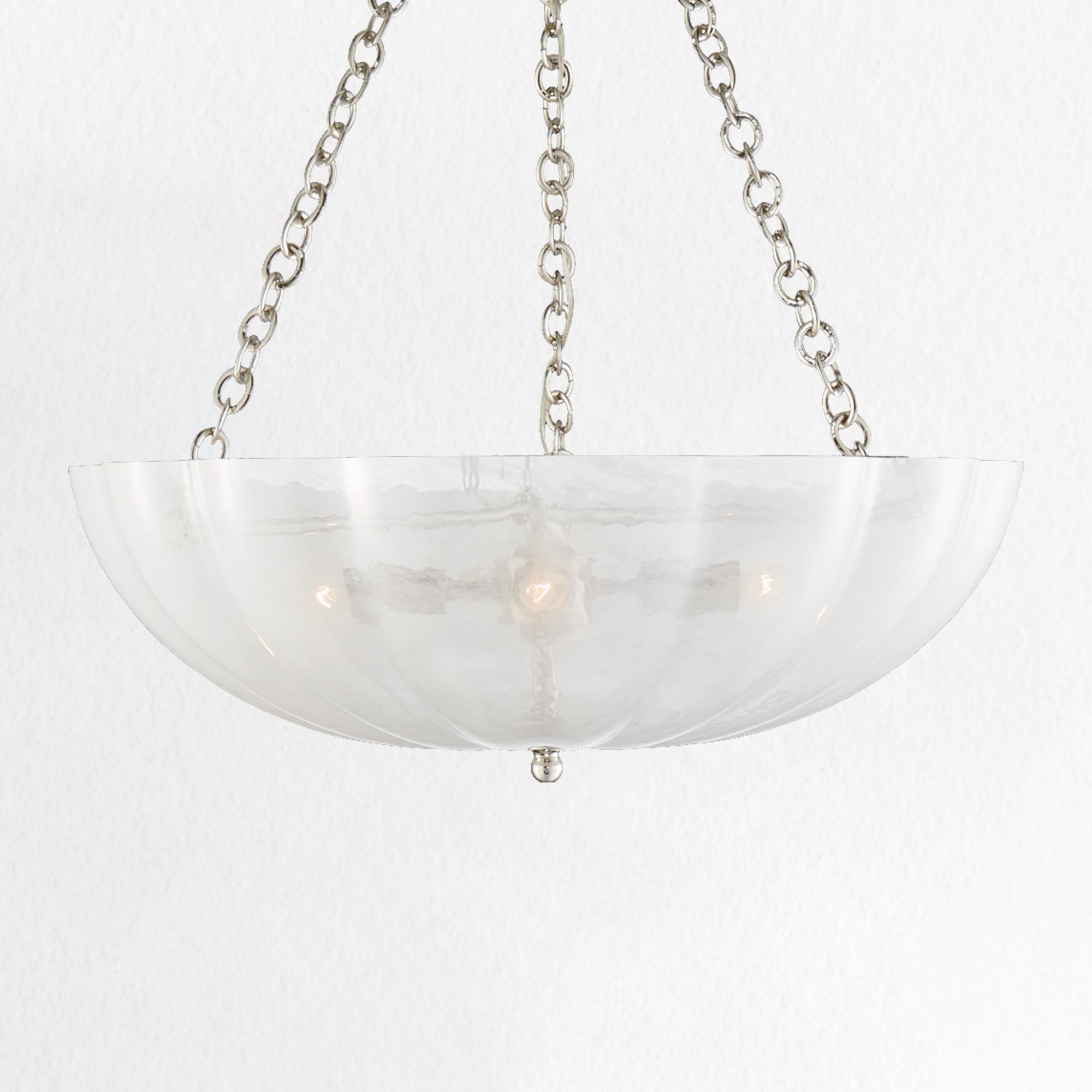 Minimalist Design Chandelier with Scalloped White Strié Glass in Polished Nickel or Antique Brass - Perfect for Dining and Living Spaces