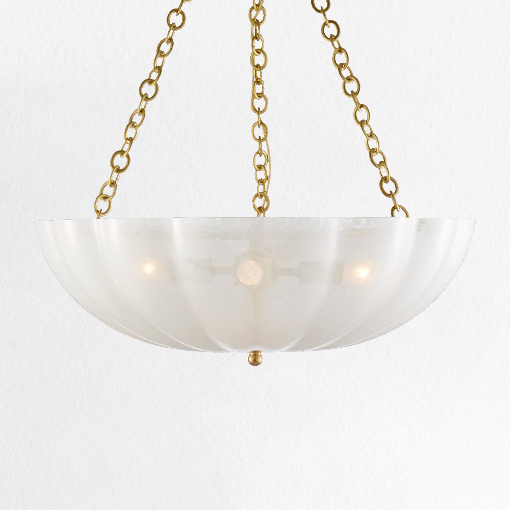 Minimalist Design Chandelier with Scalloped White Strié Glass in Polished Nickel or Antique Brass - Perfect for Dining and Living Spaces