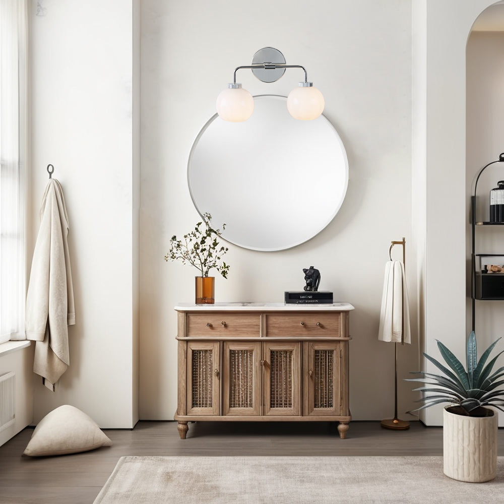 Globe Shade Matte Finish with Brass Accents Double Light Sconce - Elegant Blown Glass and Steel Frame, Bathroom Sconce