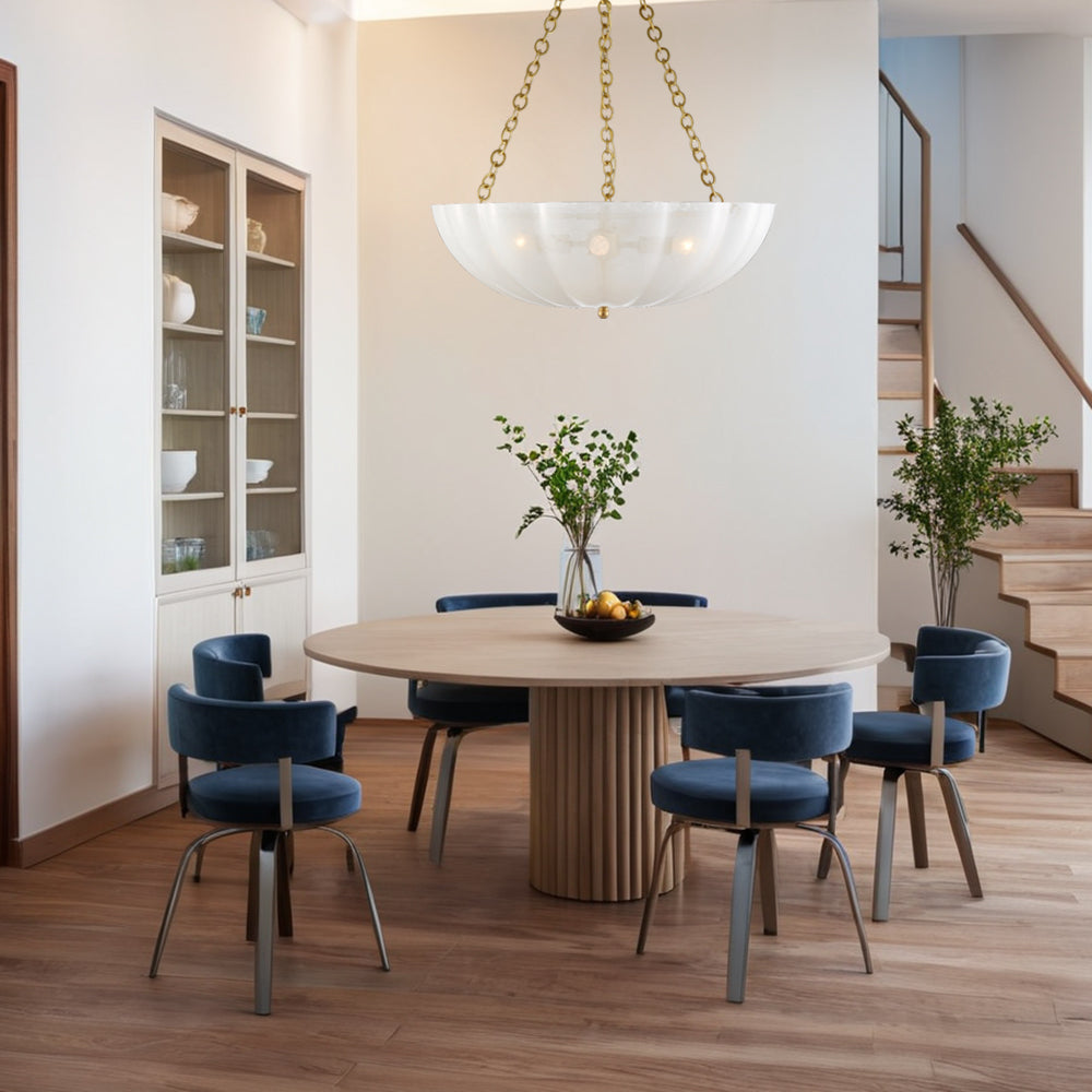 Minimalist Design Chandelier with Scalloped White Strié Glass in Polished Nickel or Antique Brass - Perfect for Dining and Living Spaces