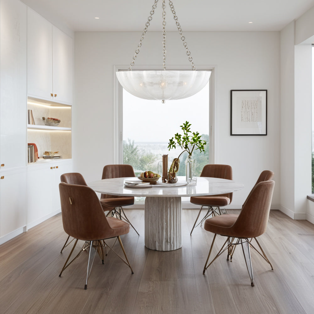 Minimalist Design Chandelier with Scalloped White Strié Glass in Polished Nickel or Antique Brass - Perfect for Dining and Living Spaces