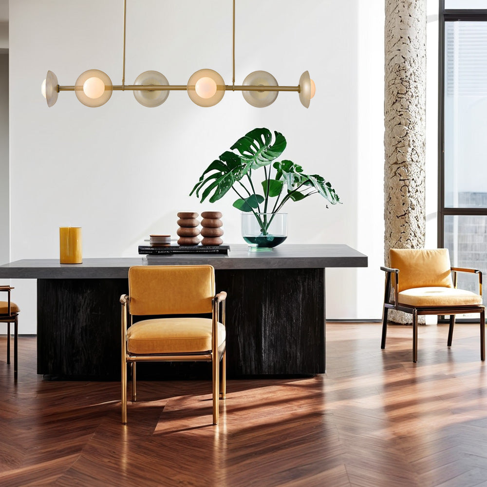 Textured Disc Chandelier with Perforated Metal Shades and Salt-Blasted Glass in Light Bronze Finish with Adjustable Hanging Height for Dining Room and Living Room