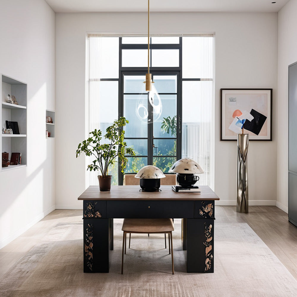 Elegant Blown Glass Pendant Light with Brass Hanging Fixture and Travertine Base - Mixed-Material Chandelier Ideal for Living Room and Bedroom