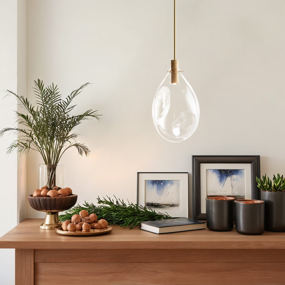 Elegant Blown Glass Pendant Light with Brass Hanging Fixture and Travertine Base - Mixed-Material Chandelier Ideal for Living Room and Bedroom