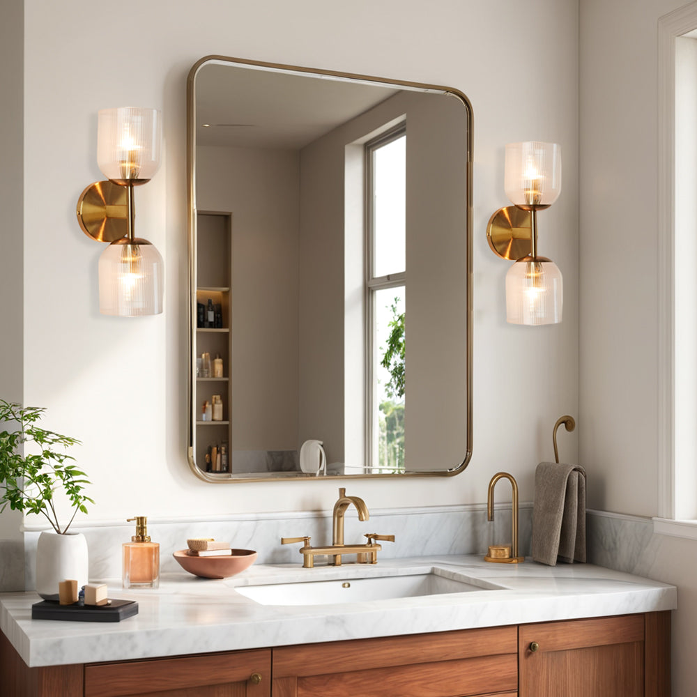 Antique Bronze Double Sconce with Ribbed Glass Shades and Bell-Shaped Design for Durable Indoor Lighting - Ideal for Bathrooms and Bedrooms