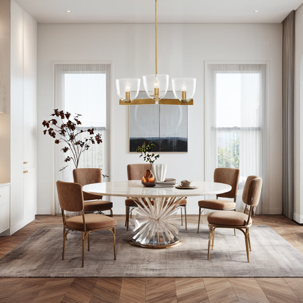 Airy Design Pendant with Cloche-Shaped Shades, Blown Glass, Tumbled Brass Finish, and Sculptured Shape, Suitable for Dining Room and Living Room