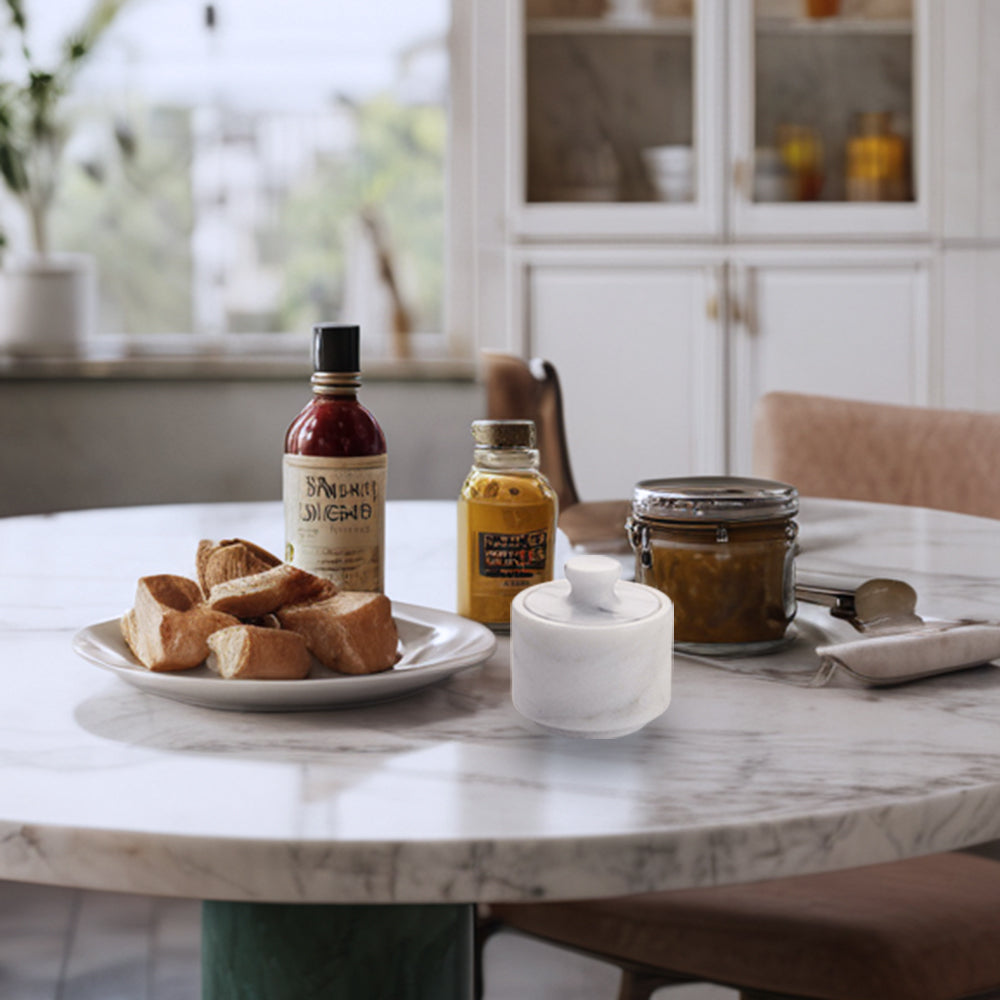 White Marble Salt Cellar with Lidded Design and Stainless Steel Shaker Plate for Stylish Kitchen and Dining Room Marble Supplies