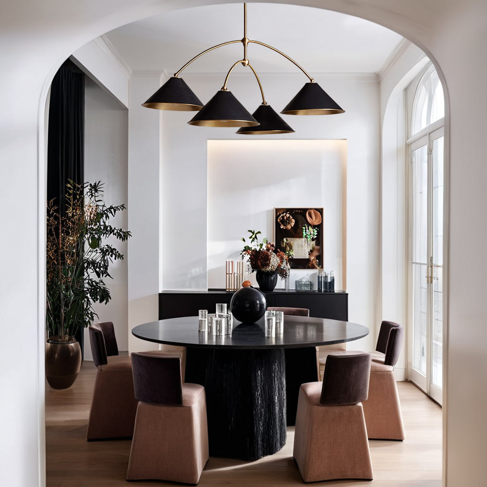 Adjustable Cone-Shade Chandelier with Two-Toned Backplate and Damp-Rated Brass and Iron Construction - Perfect for Dining Rooms and Living Spaces