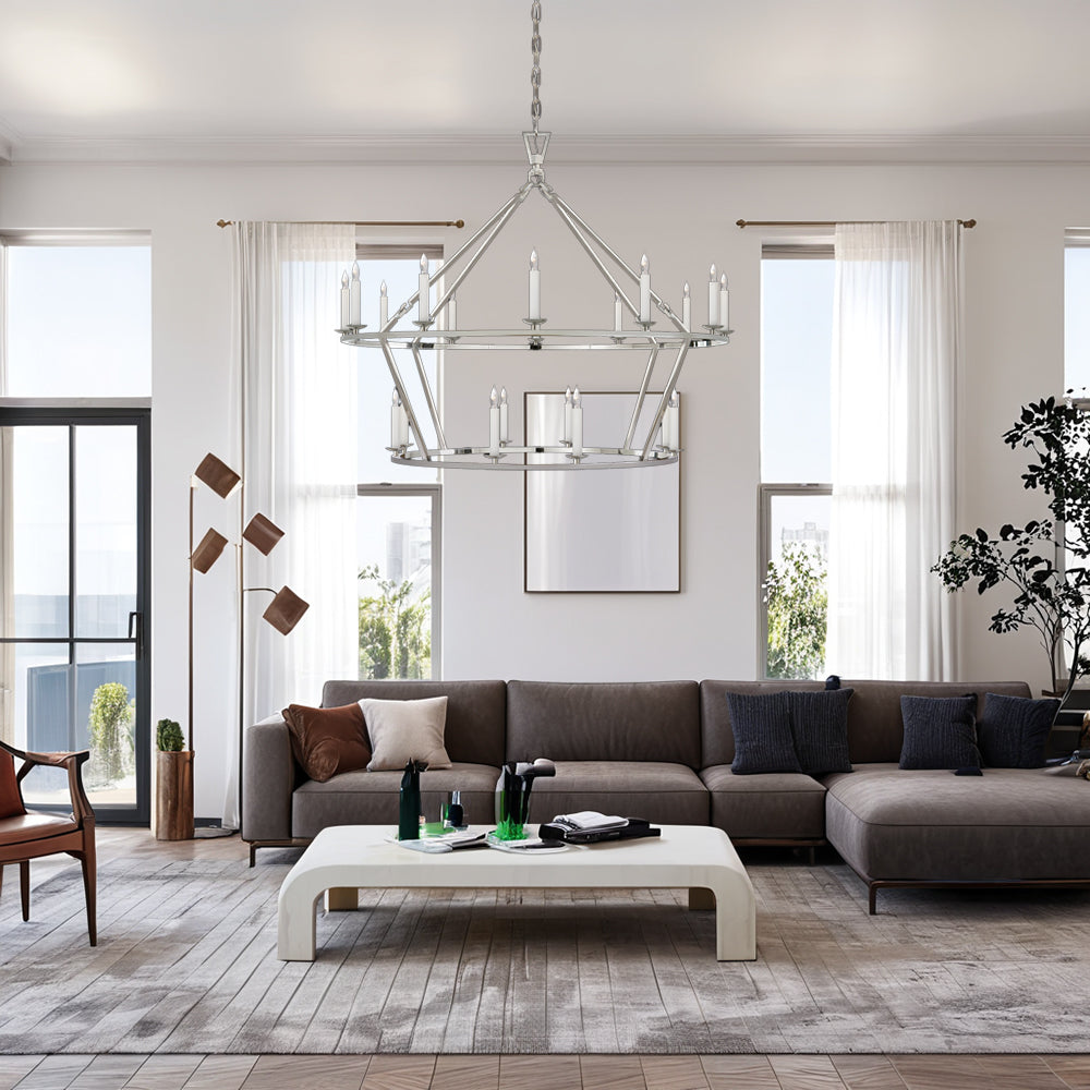 Two-Tier Geometric Chandelier with Candle-Style Lamps - Modern Ceiling Light Fixture for Living Rooms