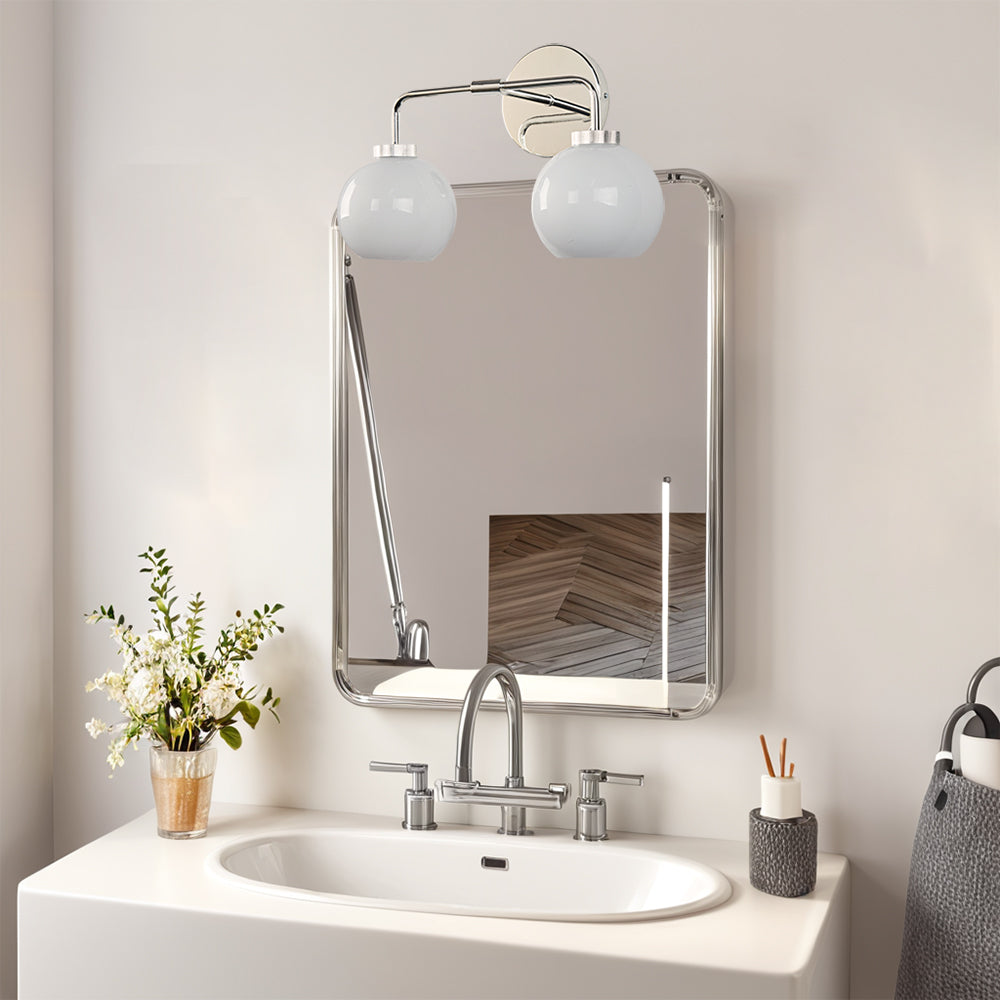 Globe Shade Matte Finish with Brass Accents Double Light Sconce - Elegant Blown Glass and Steel Frame, Bathroom Sconce