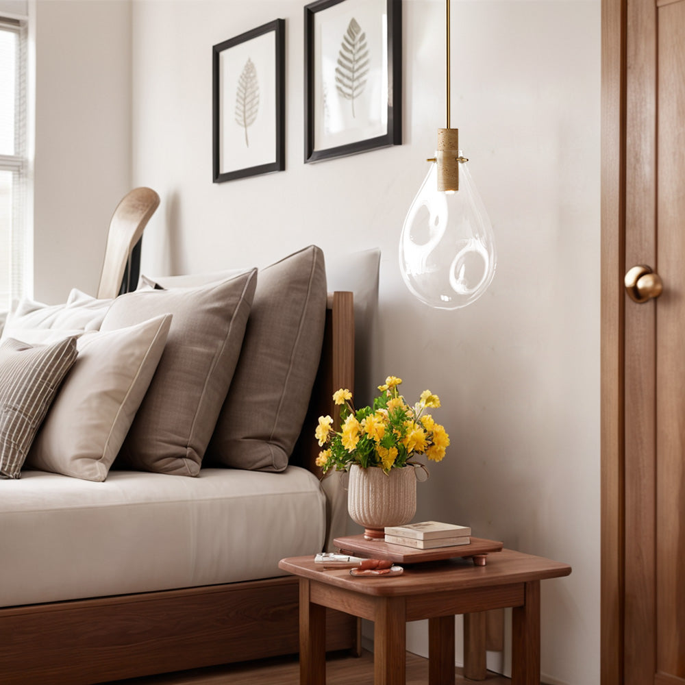 Elegant Blown Glass Pendant Light with Brass Hanging Fixture and Travertine Base - Mixed-Material Chandelier Ideal for Living Room and Bedroom