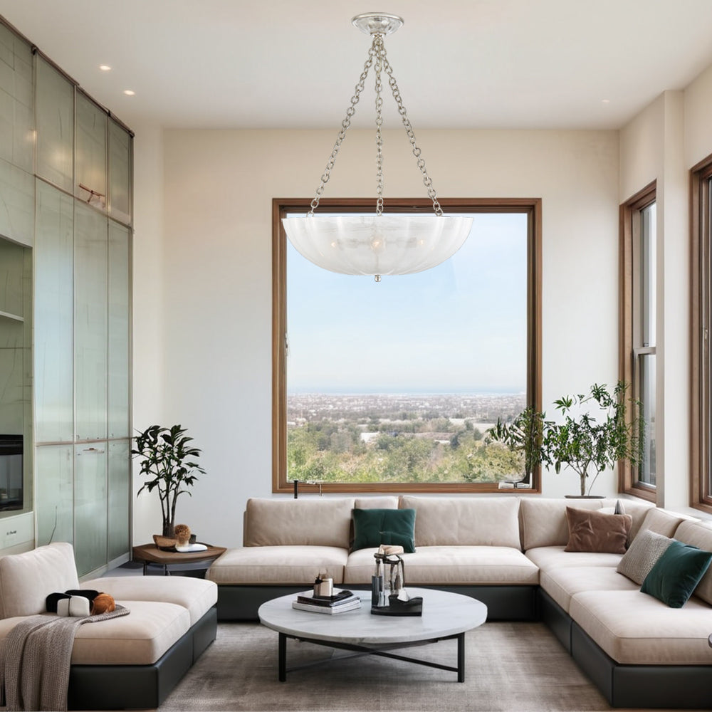 Minimalist Design Chandelier with Scalloped White Strié Glass in Polished Nickel or Antique Brass - Perfect for Dining and Living Spaces