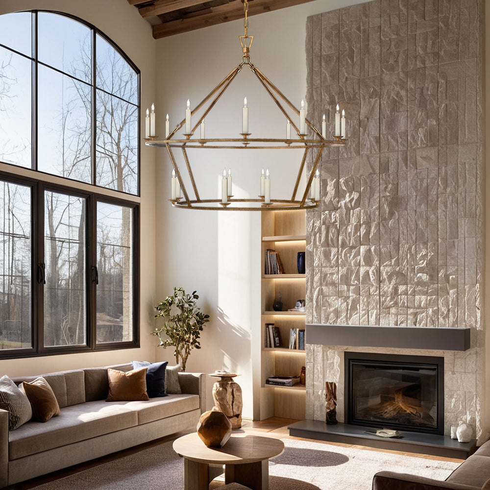 Two-Tier Geometric Chandelier with Candle-Style Lamps - Modern Ceiling Light Fixture for Living Rooms