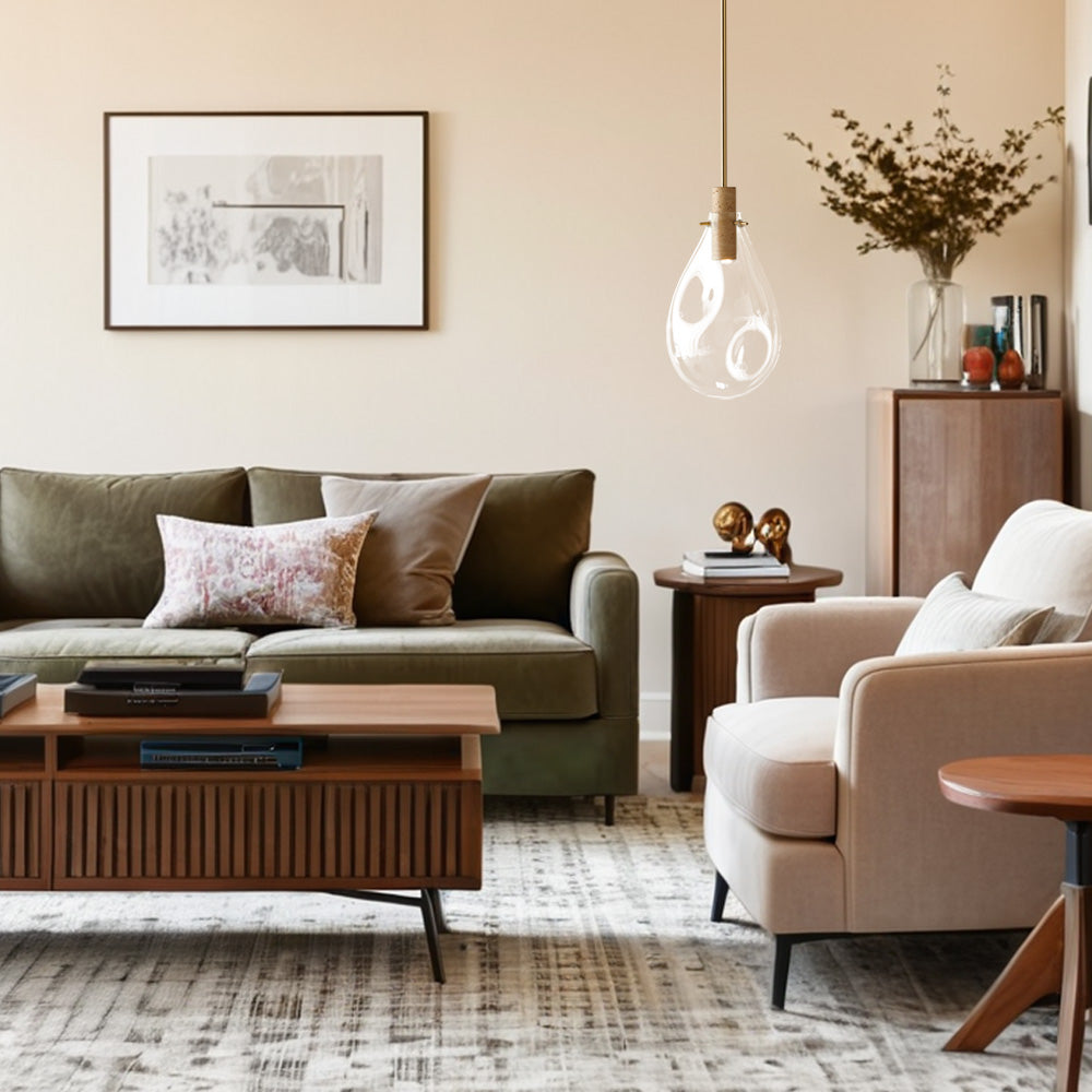 Elegant Blown Glass Pendant Light with Brass Hanging Fixture and Travertine Base - Mixed-Material Chandelier Ideal for Living Room and Bedroom