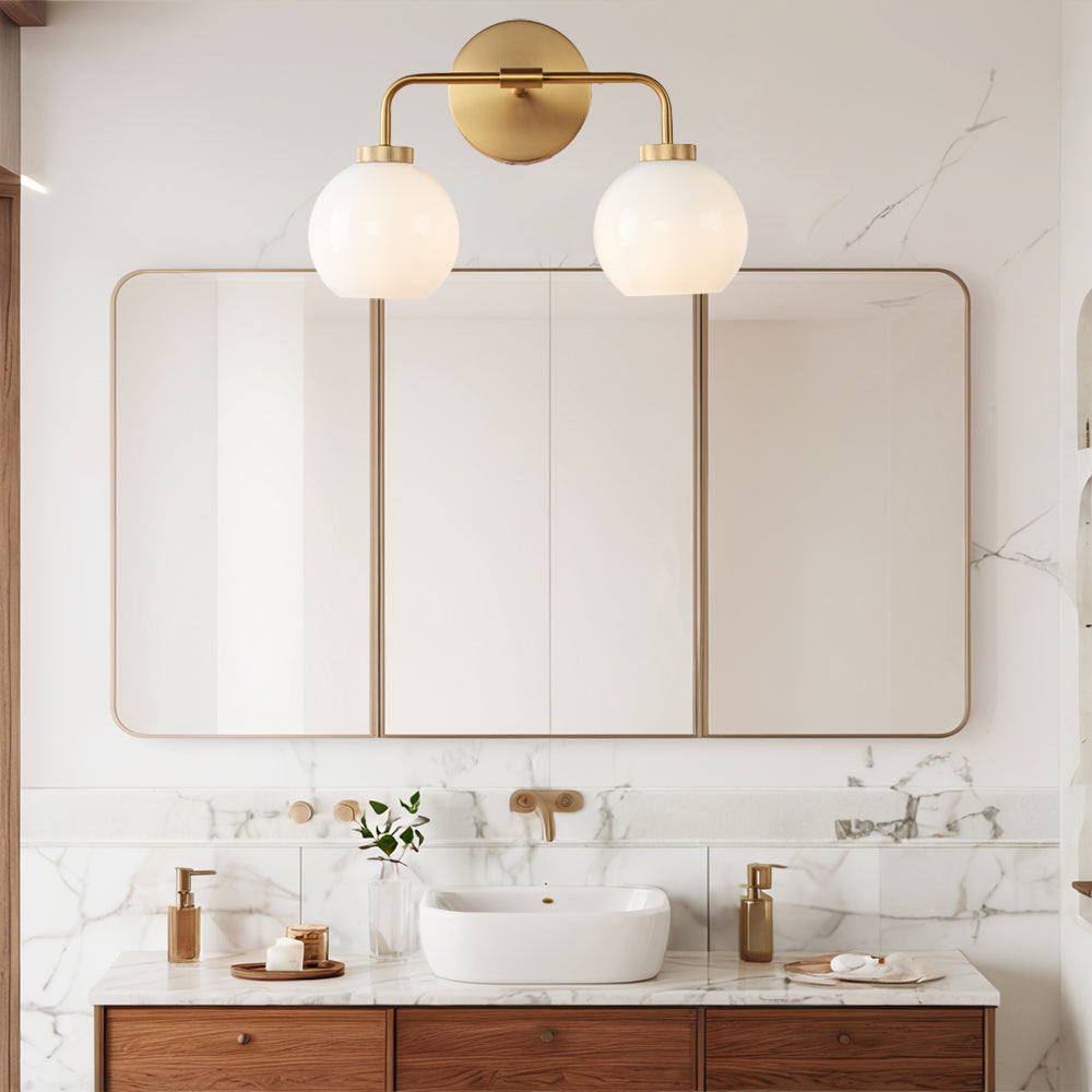 Globe Shade Matte Finish with Brass Accents Double Light Sconce - Elegant Blown Glass and Steel Frame, Bathroom Sconce