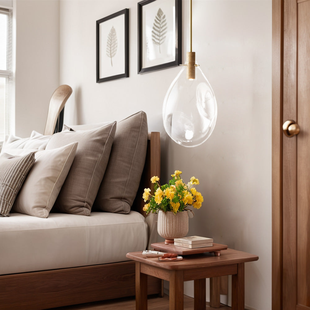 Elegant Blown Glass Pendant Light with Brass Hanging Fixture and Travertine Base - Mixed-Material Chandelier Ideal for Living Room and Bedroom