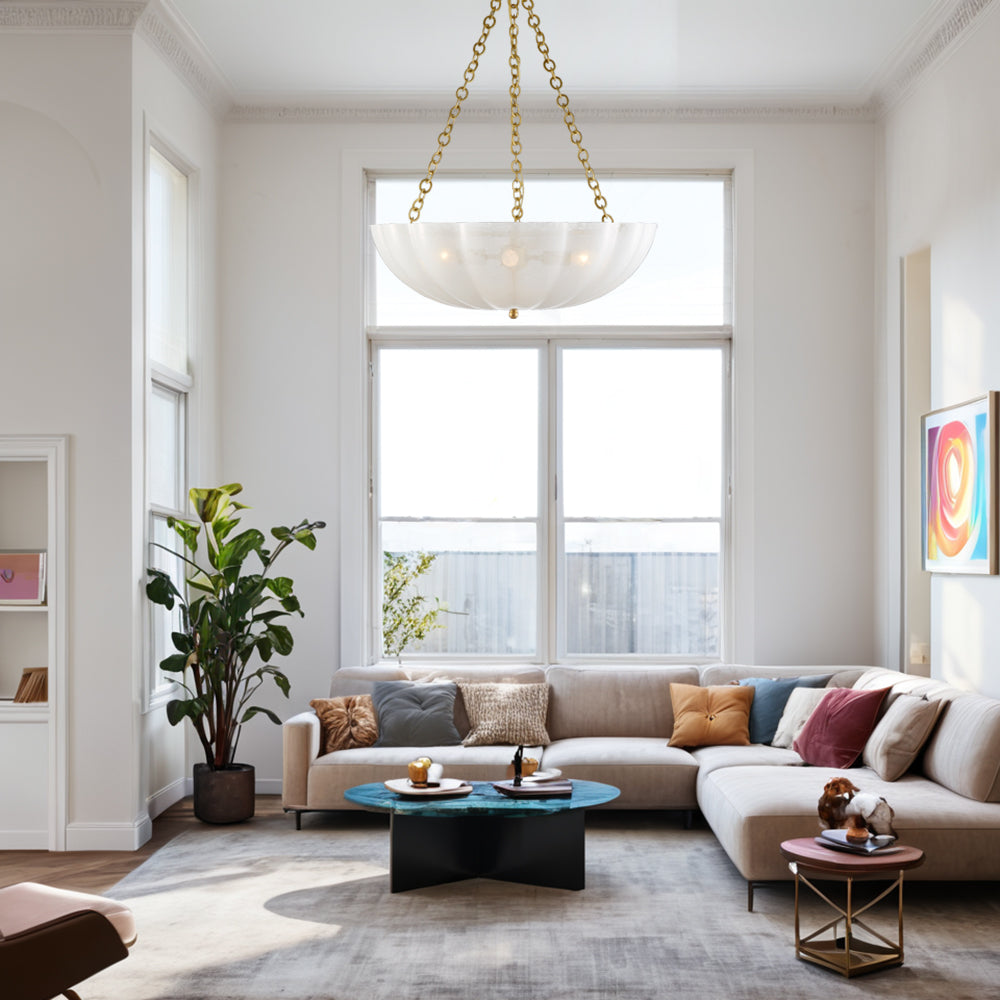 Minimalist Design Chandelier with Scalloped White Strié Glass in Polished Nickel or Antique Brass - Perfect for Dining and Living Spaces