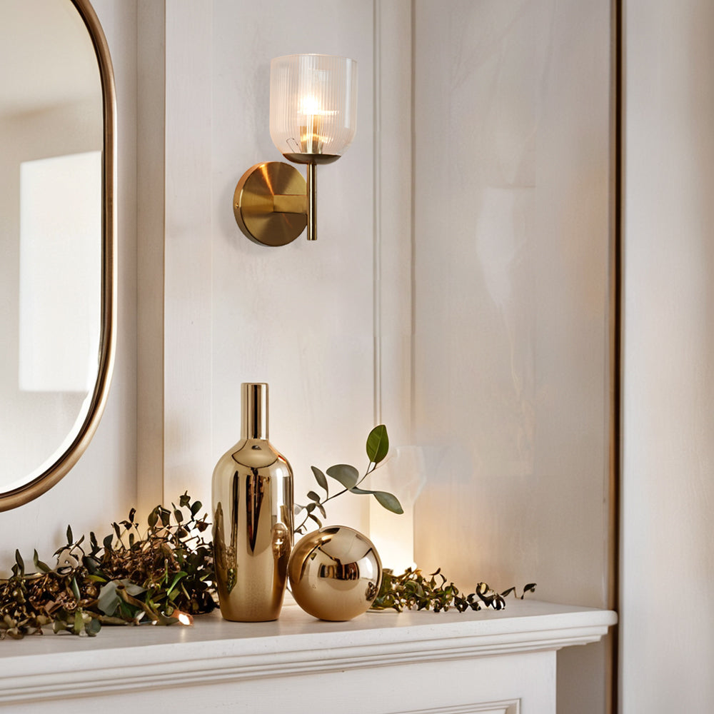 Antique Bronze Bell-Shaped Wall Sconce with Ribbed Glass Shade for Indoor Lighting - Perfect for Bathrooms and Bedrooms