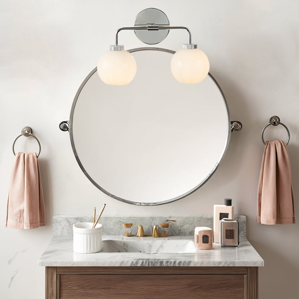 Globe Shade Matte Finish with Brass Accents Double Light Sconce - Elegant Blown Glass and Steel Frame, Bathroom Sconce