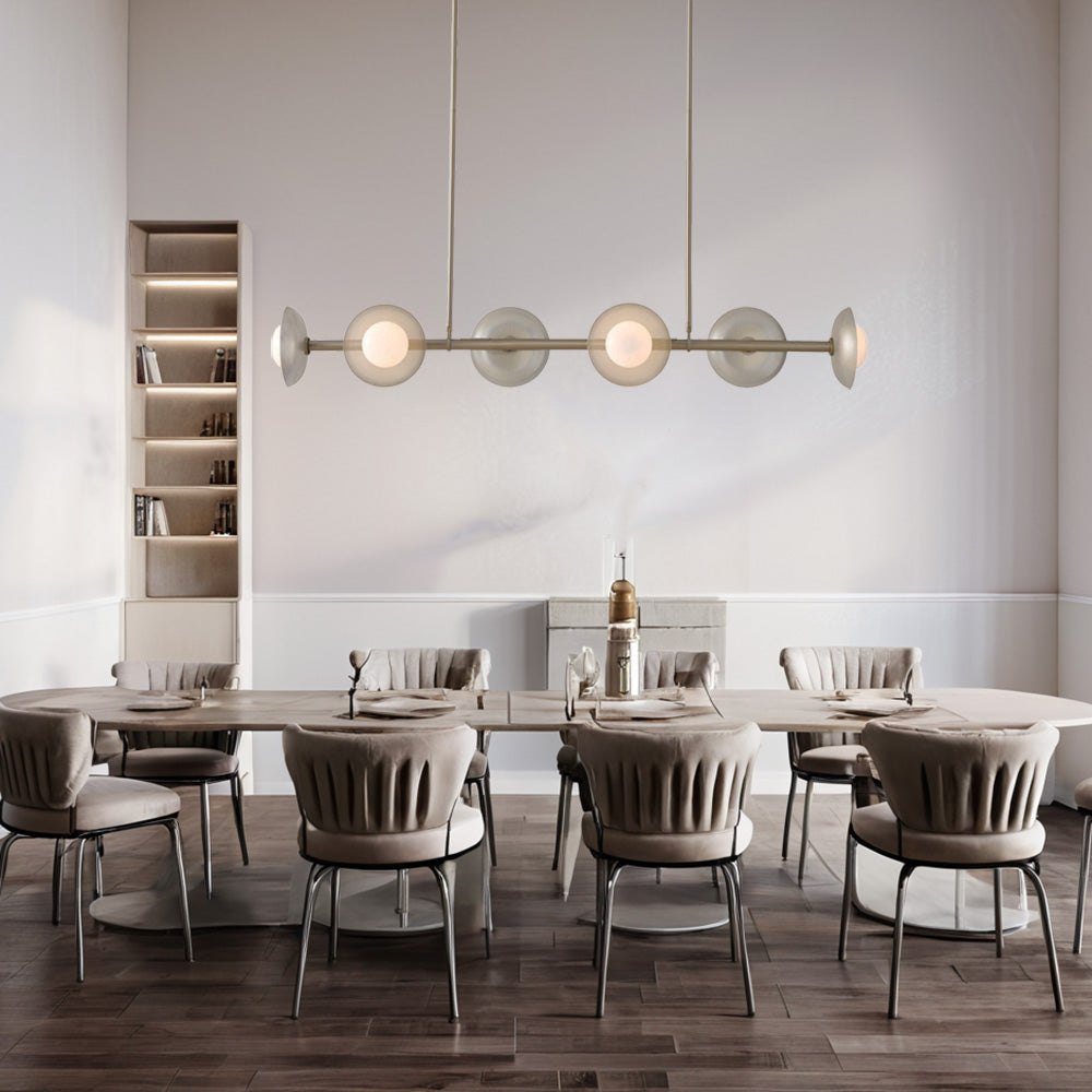 Textured Disc Chandelier with Perforated Metal Shades and Salt-Blasted Glass in Light Bronze Finish with Adjustable Hanging Height for Dining Room and Living Room