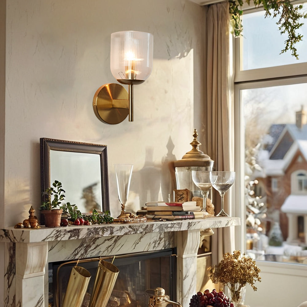 Antique Bronze Bell-Shaped Wall Sconce with Ribbed Glass Shade for Indoor Lighting - Perfect for Bathrooms and Bedrooms