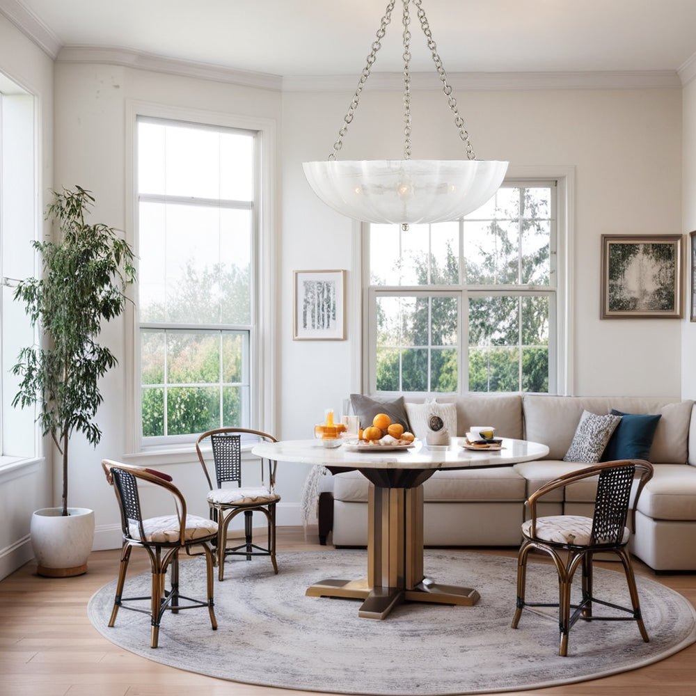 Minimalist Design Chandelier with Scalloped White Strié Glass in Polished Nickel or Antique Brass - Perfect for Dining and Living Spaces