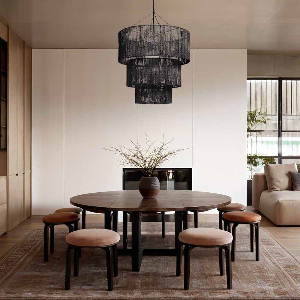 Dimmable Three-Tier Chandelier with Jute-Wrapped Design and Black Finish E26 Socket - Perfect for Dining Rooms and Living Rooms