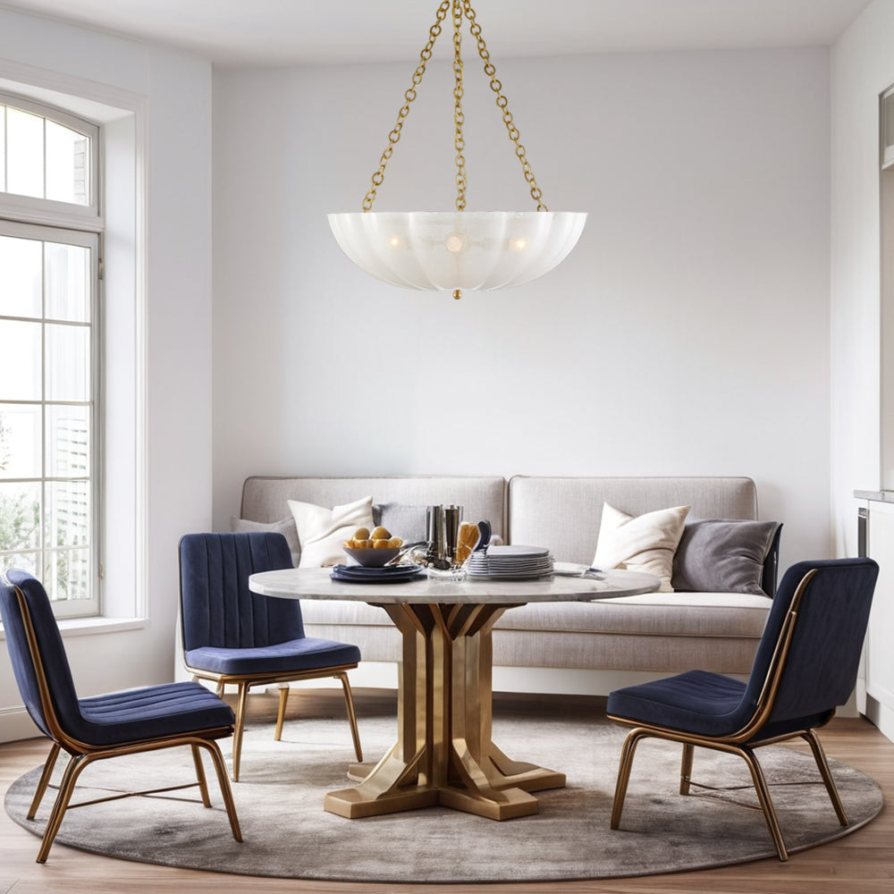 Minimalist Design Chandelier with Scalloped White Strié Glass in Polished Nickel or Antique Brass - Perfect for Dining and Living Spaces