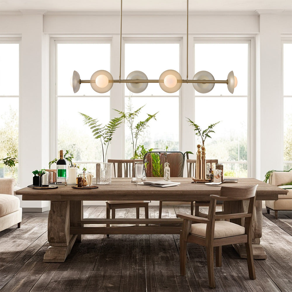 Textured Disc Chandelier with Perforated Metal Shades and Salt-Blasted Glass in Light Bronze Finish with Adjustable Hanging Height for Dining Room and Living Room