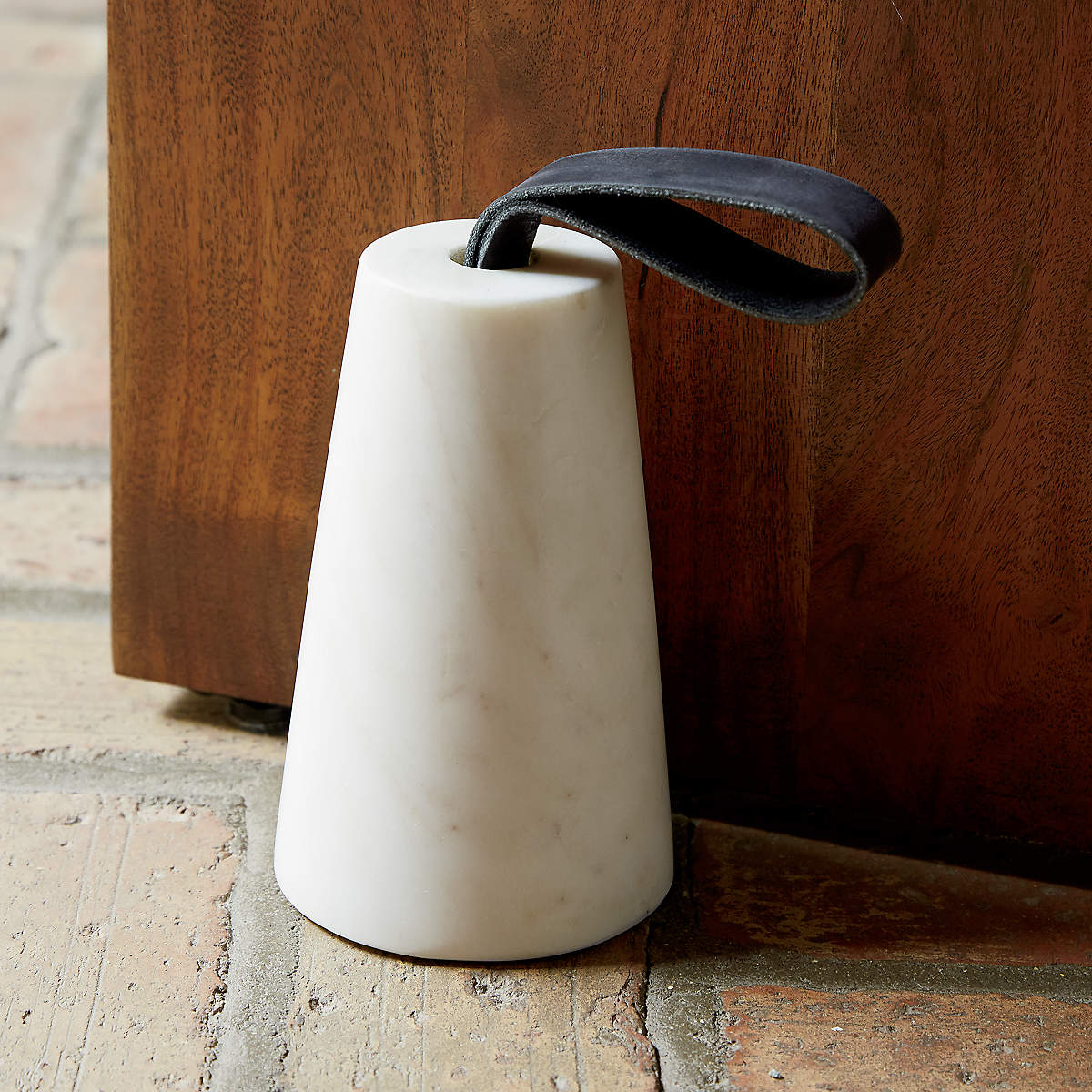 Marble Doorstop with Leather Loop Handle 4" dia. x 6.75"H