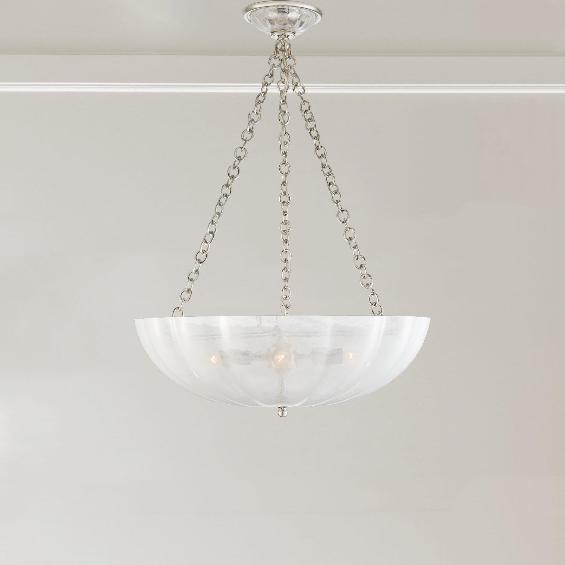 Minimalist Design Chandelier with Scalloped White Strié Glass in Polished Nickel or Antique Brass - Perfect for Dining and Living Spaces