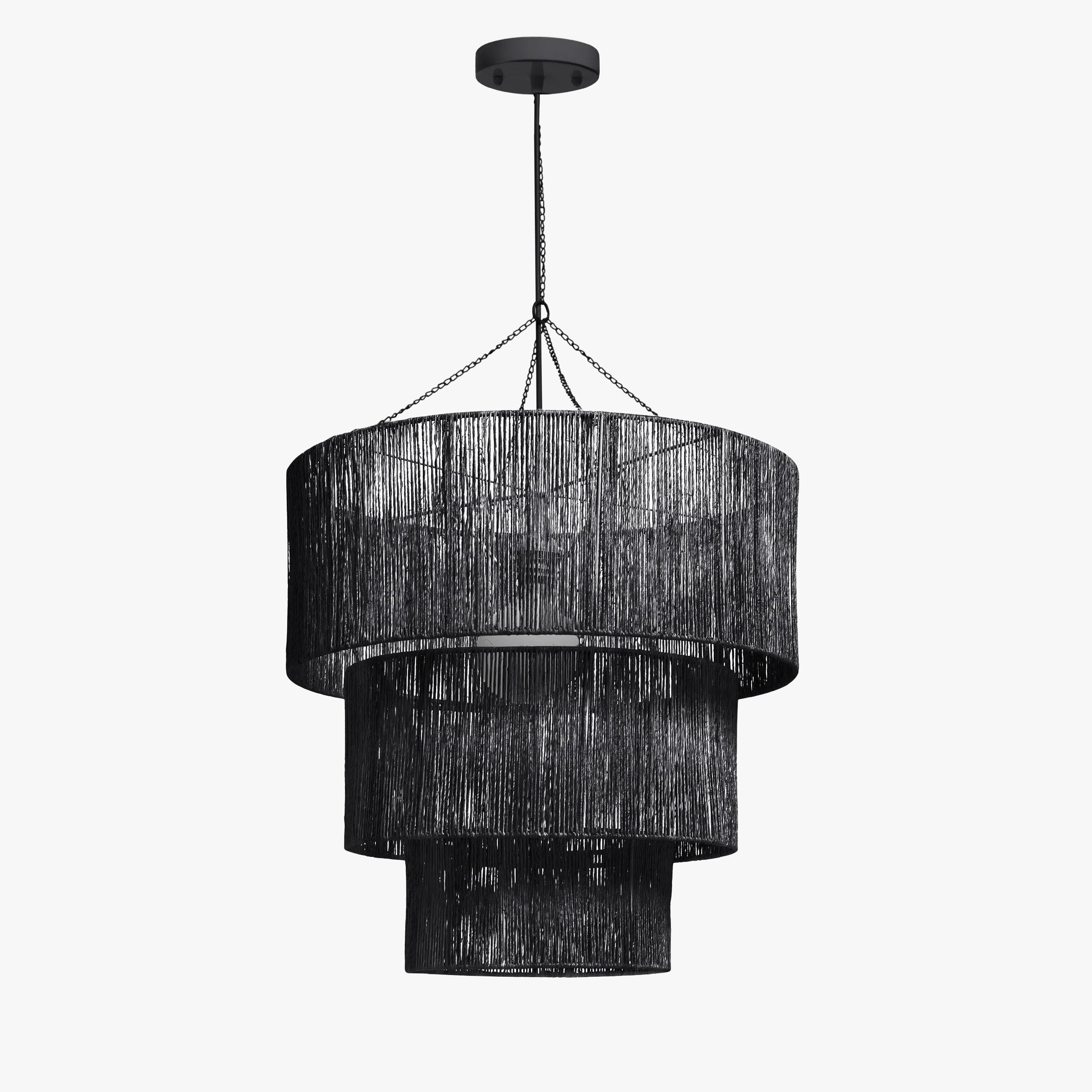 Dimmable Three-Tier Chandelier with Jute-Wrapped Design and Black Finish E26 Socket - Perfect for Dining Rooms and Living Rooms